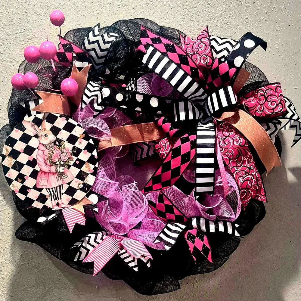 Wreath Rabbit flowers Valentines, Easter, Spring, Summer SIGN Ribbon pink black